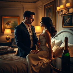 A sensual and seductive scene in a luxurious bedroom, showcasing an elegantly dressed couple engaging in intimate conversation