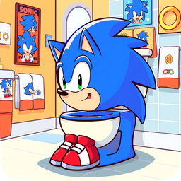 A playful and whimsical illustration of a cartoon toilet designed like Sonic the Hedgehog, featuring a vibrant blue color scheme with a round toilet bowl shaped to resemble Sonic's face, complete with his trademark spikes and red shoes at the base