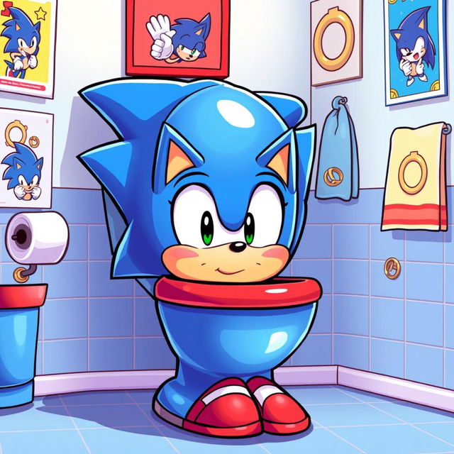 A playful and whimsical illustration of a cartoon toilet designed like Sonic the Hedgehog, featuring a vibrant blue color scheme with a round toilet bowl shaped to resemble Sonic's face, complete with his trademark spikes and red shoes at the base