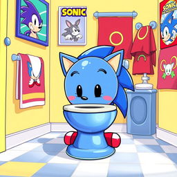 A playful and whimsical illustration of a cartoon toilet designed like Sonic the Hedgehog, featuring a vibrant blue color scheme with a round toilet bowl shaped to resemble Sonic's face, complete with his trademark spikes and red shoes at the base
