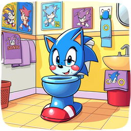 A playful and whimsical illustration of a cartoon toilet designed like Sonic the Hedgehog, featuring a vibrant blue color scheme with a round toilet bowl shaped to resemble Sonic's face, complete with his trademark spikes and red shoes at the base