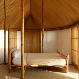 A natural bamboo bed with a comfortable mattress situated in a calm and serene setting