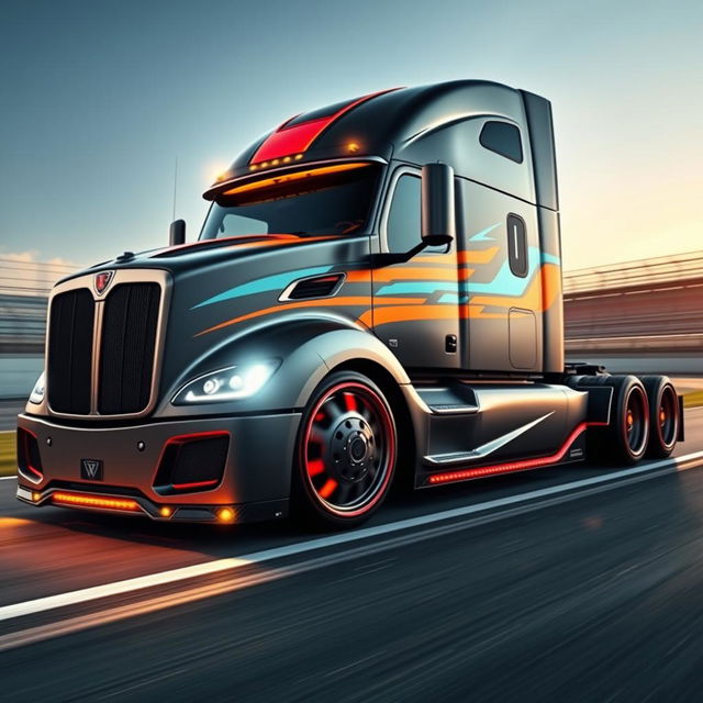 A dynamic custom semi-truck designed for racing, featuring cutting-edge racing rims and wheels