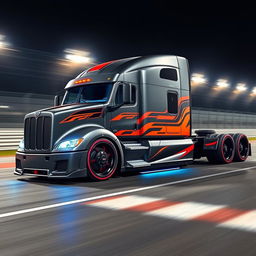 A dynamic custom semi-truck designed for racing, featuring cutting-edge racing rims and wheels