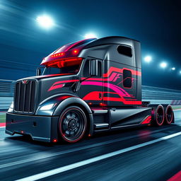 A dynamic custom semi-truck designed for racing, featuring cutting-edge racing rims and wheels
