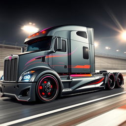 A dynamic custom semi-truck designed for racing, featuring cutting-edge racing rims and wheels
