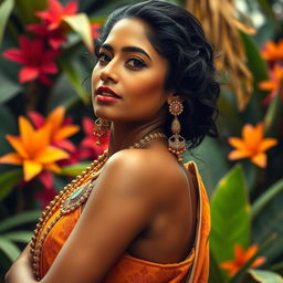 A captivating and artistic portrayal of a confident Indian woman, standing tall in a striking pose
