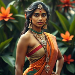 A captivating and artistic portrayal of a confident Indian woman, standing tall in a striking pose