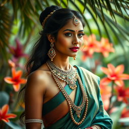 A captivating and artistic portrayal of a confident Indian woman, standing tall in a striking pose