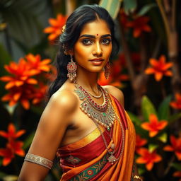 A captivating and artistic portrayal of a confident Indian woman, standing tall in a striking pose