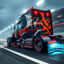 An impressive custom semi-truck designed for racing, featuring cutting-edge racing rims and wheels
