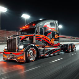 An impressive custom semi-truck designed for racing, featuring cutting-edge racing rims and wheels