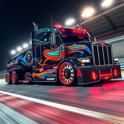 An impressive custom semi-truck designed for racing, featuring cutting-edge racing rims and wheels