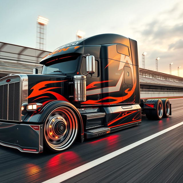 An impressive custom semi-truck designed for racing, featuring cutting-edge racing rims and wheels