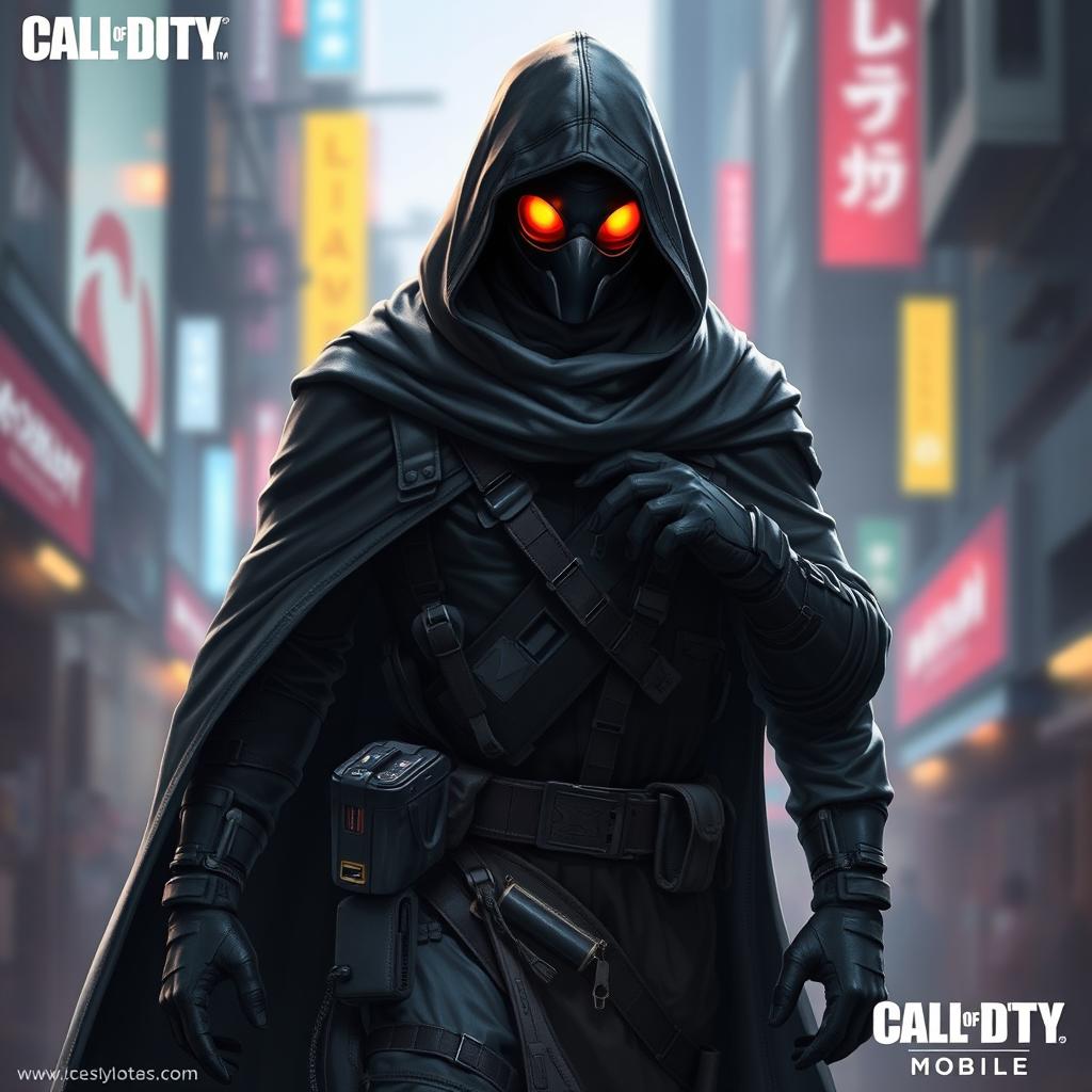 A detailed depiction of a human form of Spectre from Call of Duty Mobile, featuring a sleek tactical outfit that includes a dark hooded cloak, a high-tech mask covering the face with glowing eye lenses, and a utility belt filled with gadgets