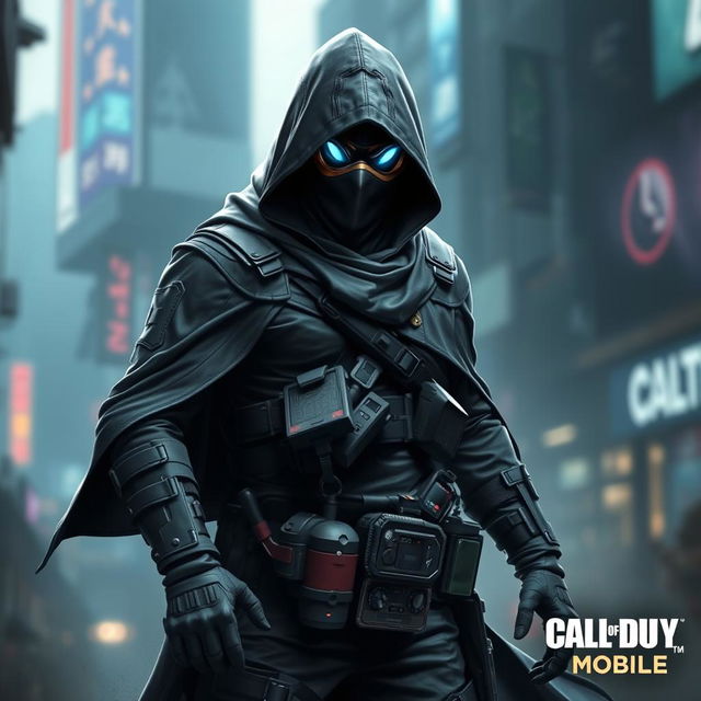 A detailed depiction of a human form of Spectre from Call of Duty Mobile, featuring a sleek tactical outfit that includes a dark hooded cloak, a high-tech mask covering the face with glowing eye lenses, and a utility belt filled with gadgets