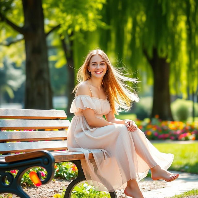 A young woman sitting on a bench in a sunlit park, wearing a flowy summer dress, with long hair blowing in the gentle breeze