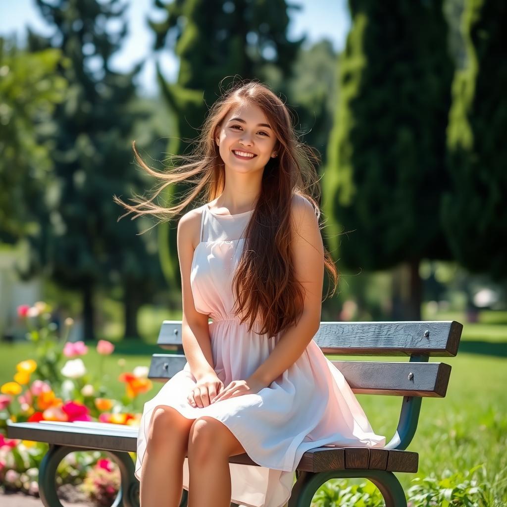 A young woman sitting on a bench in a sunlit park, wearing a flowy summer dress, with long hair blowing in the gentle breeze