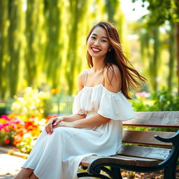 A young woman sitting on a bench in a sunlit park, wearing a flowy summer dress, with long hair blowing in the gentle breeze