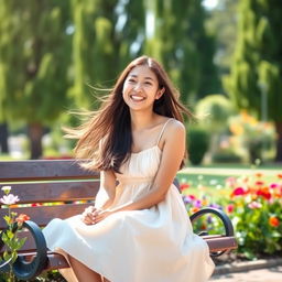 A young woman sitting on a bench in a sunlit park, wearing a flowy summer dress, with long hair blowing in the gentle breeze