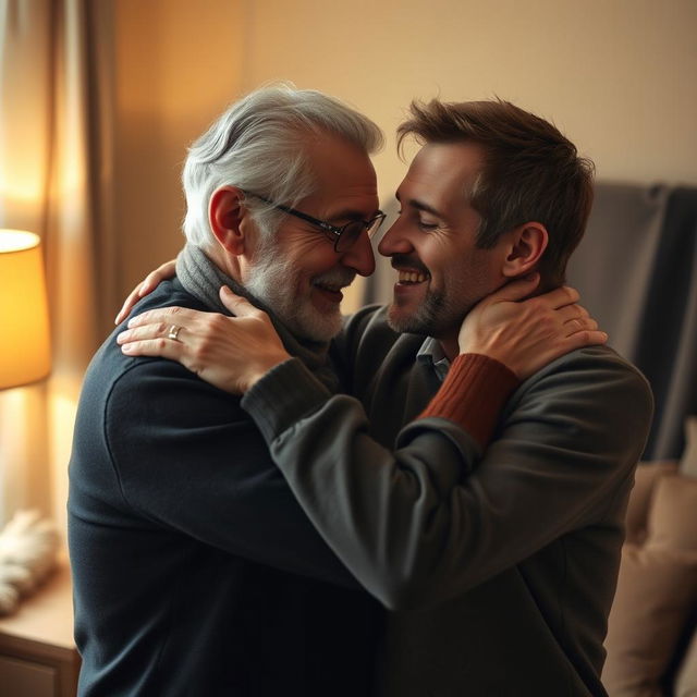 A captivating scene depicting a romantic moment between two adult men with an age gap