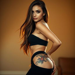 A stunningly beautiful woman standing confidently in an artistic pose, showcasing a tattoo on her hip