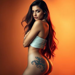 A stunningly beautiful woman standing confidently in an artistic pose, showcasing a tattoo on her hip