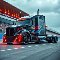 An eye-catching custom semi-truck designed for racing, equipped with Camaro-inspired racing rims and wheels