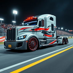 An eye-catching custom semi-truck designed for racing, equipped with Camaro-inspired racing rims and wheels