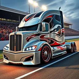 An eye-catching custom semi-truck designed for racing, equipped with Camaro-inspired racing rims and wheels