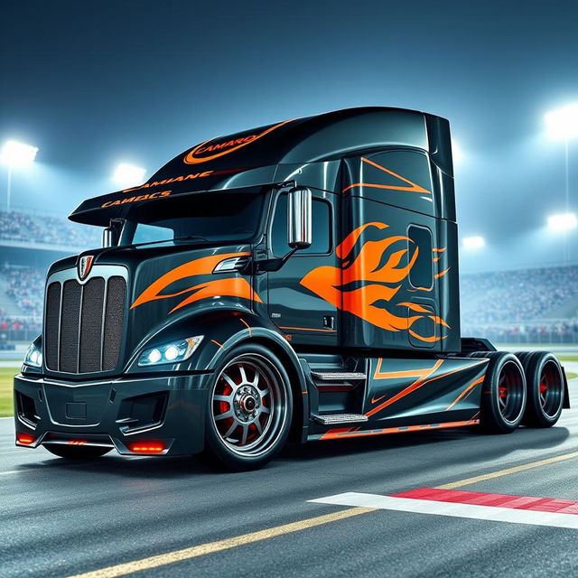 An eye-catching custom semi-truck designed for racing, equipped with Camaro-inspired racing rims and wheels