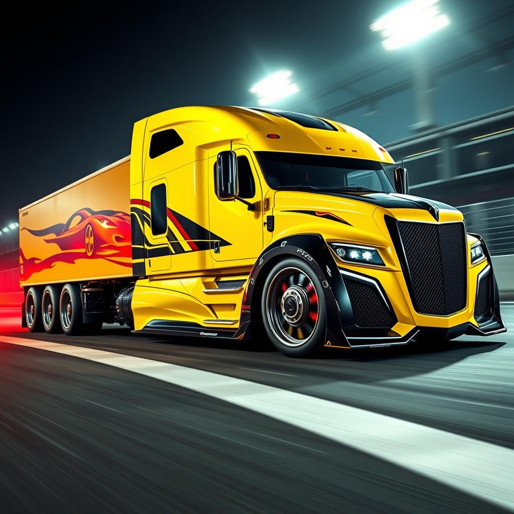 A striking custom semi-truck designed for racing, featuring Camaro-inspired racing rims and wheels