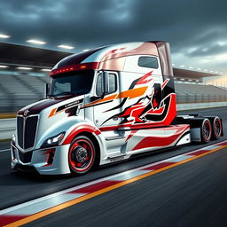 A striking custom semi-truck designed for racing, featuring Camaro-inspired racing rims and wheels