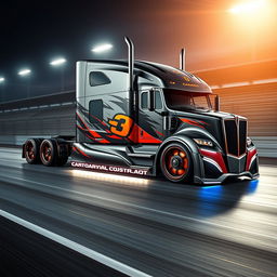 A striking custom semi-truck designed for racing, featuring Camaro-inspired racing rims and wheels