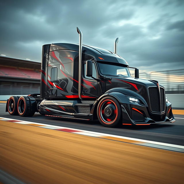 A striking custom semi-truck designed for racing, featuring Camaro-inspired racing rims and wheels