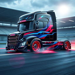 A stunning custom semi-truck featuring Scania-inspired racing rims and wheels, designed for high performance