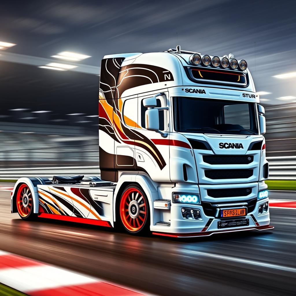 A stunning custom semi-truck featuring Scania-inspired racing rims and wheels, designed for high performance