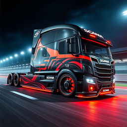 A stunning custom semi-truck featuring Scania-inspired racing rims and wheels, designed for high performance