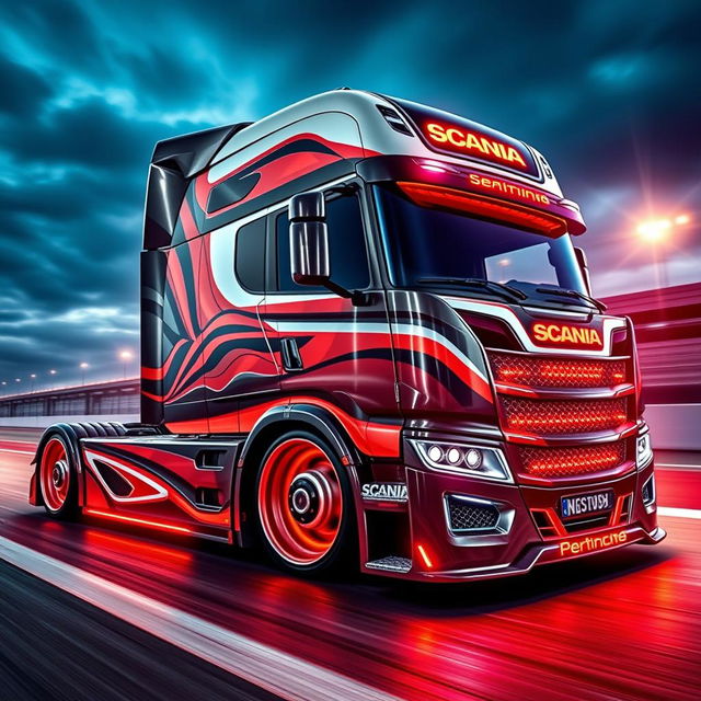 A stunning custom semi-truck featuring Scania-inspired racing rims and wheels, designed for high performance