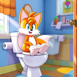 Tails the Fox, a vibrant orange and white anthropomorphic character from the Sonic the Hedgehog series, humorously sitting on a traditional white toilet, with a playful expression on his face