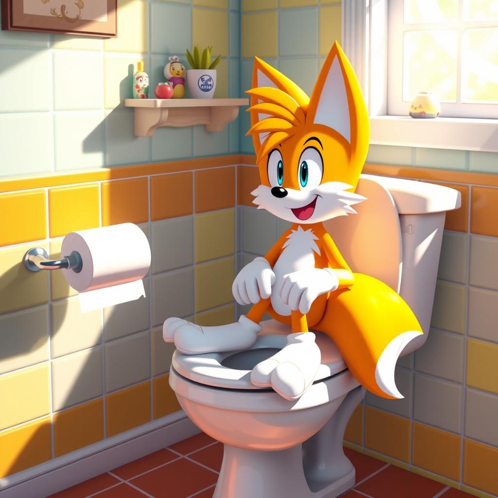 Tails the Fox, a vibrant orange and white anthropomorphic character from the Sonic the Hedgehog series, humorously sitting on a traditional white toilet, with a playful expression on his face