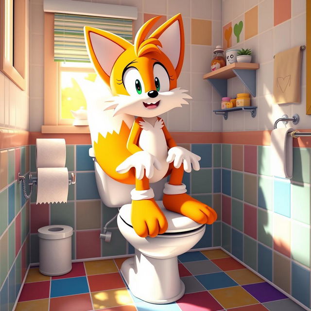 Tails the Fox, a vibrant orange and white anthropomorphic character from the Sonic the Hedgehog series, humorously sitting on a traditional white toilet, with a playful expression on his face