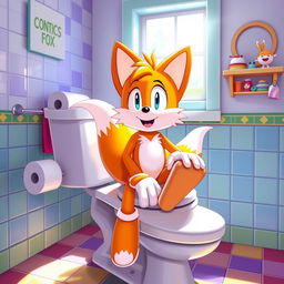 Tails the Fox, a vibrant orange and white anthropomorphic character from the Sonic the Hedgehog series, humorously sitting on a traditional white toilet, with a playful expression on his face