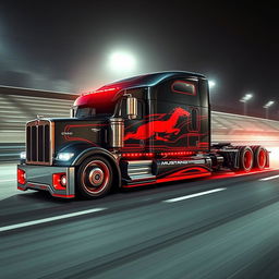 A custom semi-truck featuring cutting-edge design elements inspired by Mustang racing aesthetics