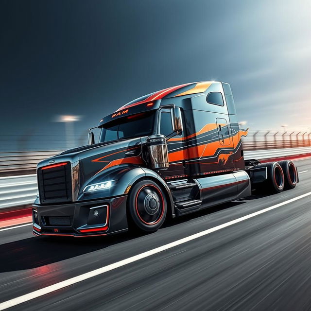 A custom semi-truck featuring cutting-edge design elements inspired by Mustang racing aesthetics