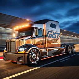 A custom semi-truck featuring cutting-edge design elements inspired by Mustang racing aesthetics
