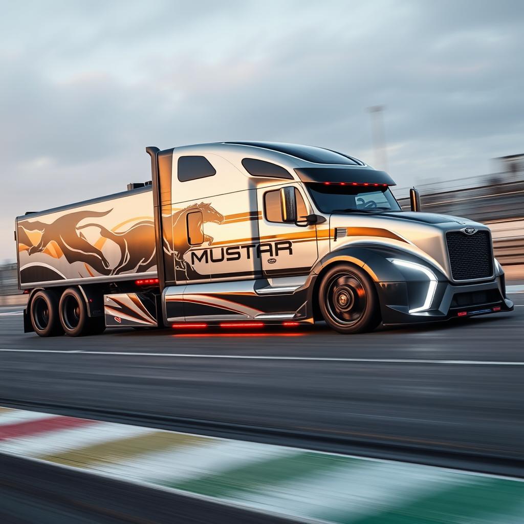 A custom semi-truck featuring cutting-edge design elements inspired by Mustang racing aesthetics