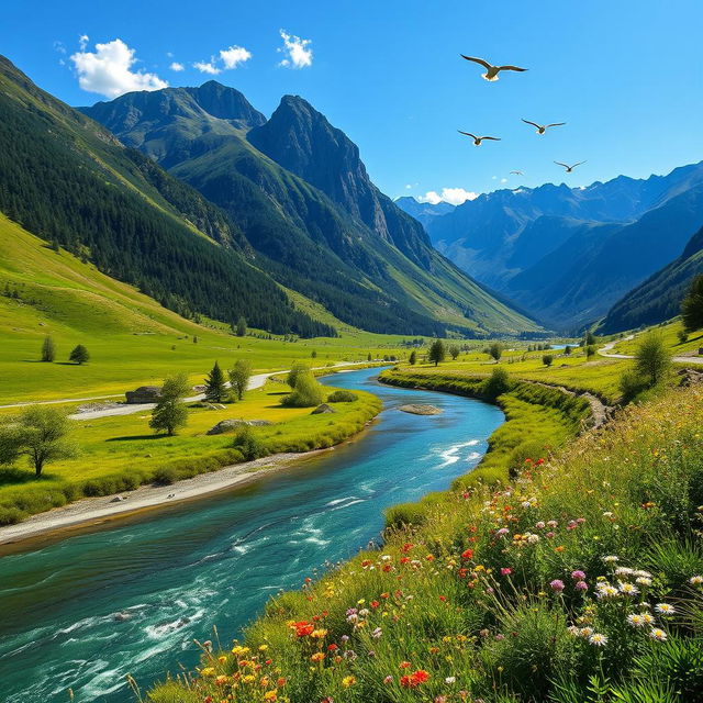 A serene landscape featuring a winding river flowing through a lush, green valley surrounded by tall mountains under a clear blue sky