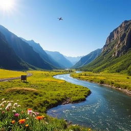 A serene landscape featuring a winding river flowing through a lush, green valley surrounded by tall mountains under a clear blue sky