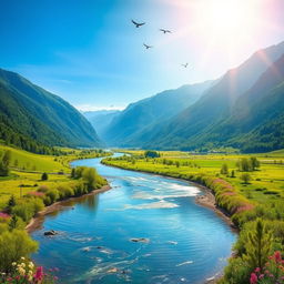 A serene landscape featuring a winding river flowing through a lush, green valley surrounded by tall mountains under a clear blue sky